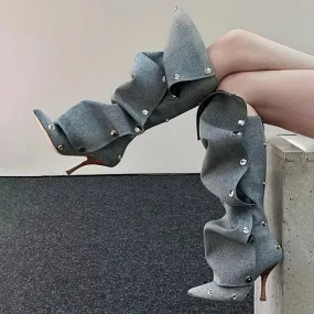 Buttoned Knee-High Heels Denim Long Boots