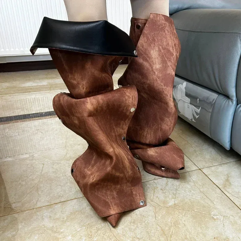 Buttoned Knee-High Heels Denim Long Boots