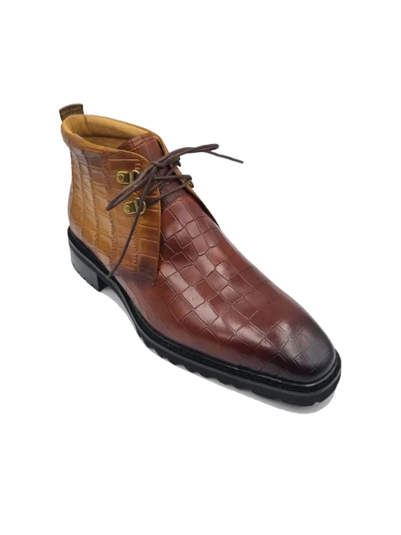 Carrucci Brown Cognac Men's Alligator Embossed Leather Chukka Boot