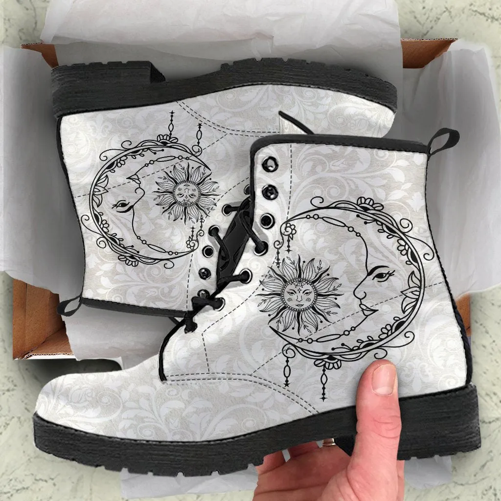 Combat Boots - Sun and Moon Boots #12 | White Boots, Vegan Leather Lace Up Boots, Handmade Lace Up Boots, Women's Boots, Custom Shoes