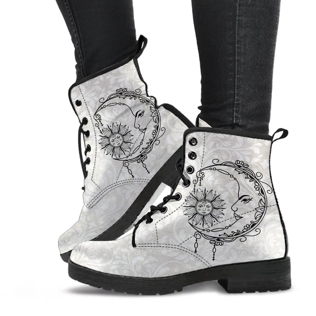 Combat Boots - Sun and Moon Boots #12 | White Boots, Vegan Leather Lace Up Boots, Handmade Lace Up Boots, Women's Boots, Custom Shoes