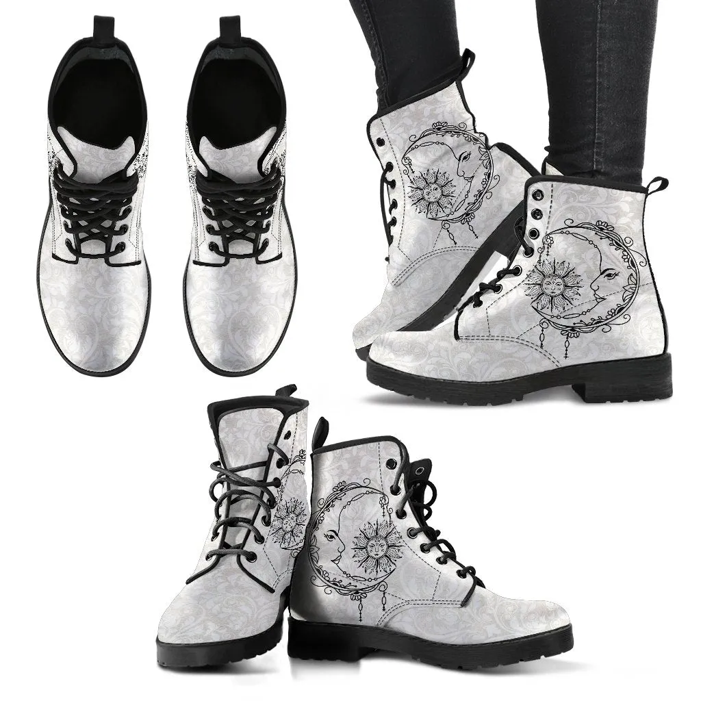 Combat Boots - Sun and Moon Boots #12 | White Boots, Vegan Leather Lace Up Boots, Handmade Lace Up Boots, Women's Boots, Custom Shoes