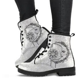Combat Boots - Sun and Moon Boots #12 | White Boots, Vegan Leather Lace Up Boots, Handmade Lace Up Boots, Women's Boots, Custom Shoes