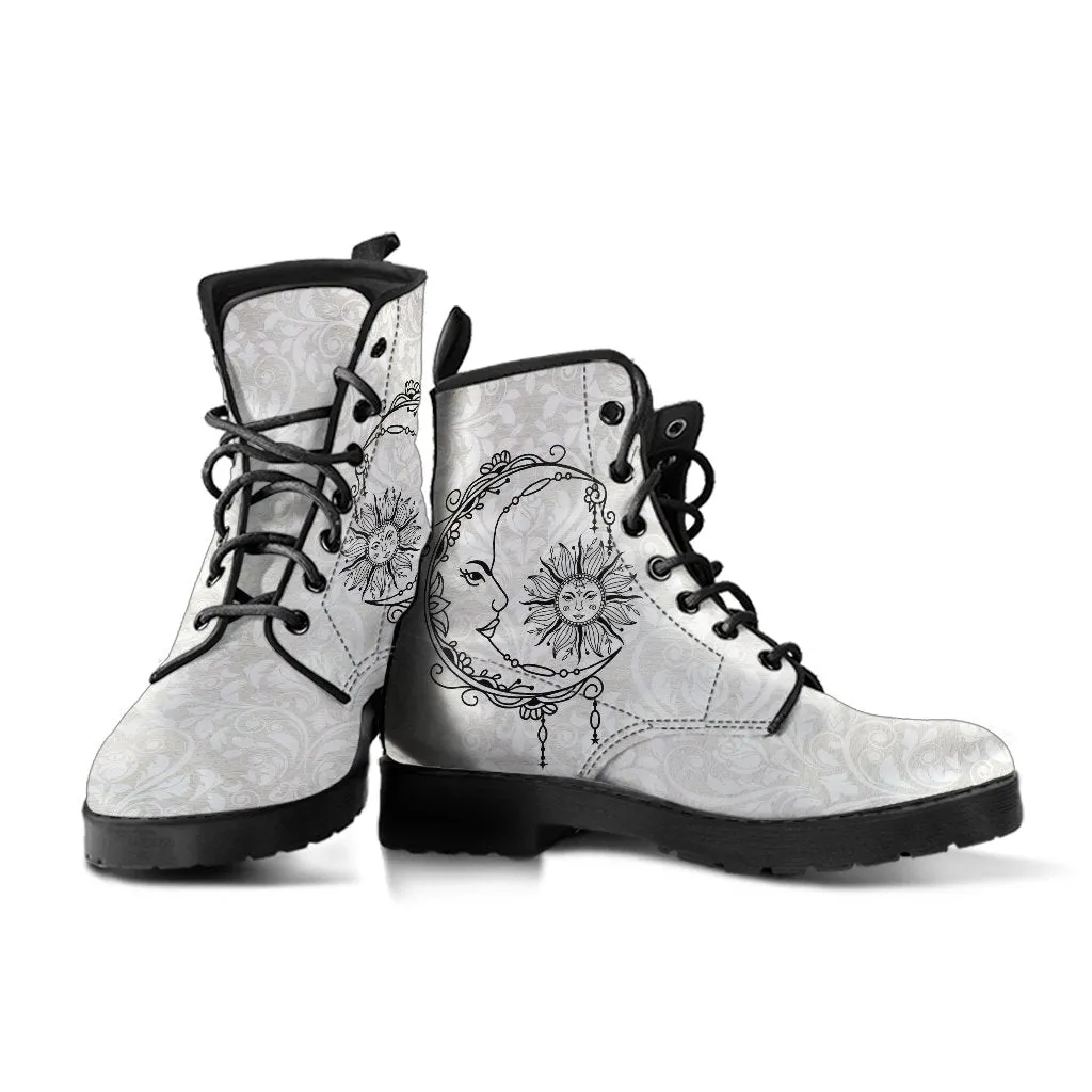 Combat Boots - Sun and Moon Boots #12 | White Boots, Vegan Leather Lace Up Boots, Handmade Lace Up Boots, Women's Boots, Custom Shoes
