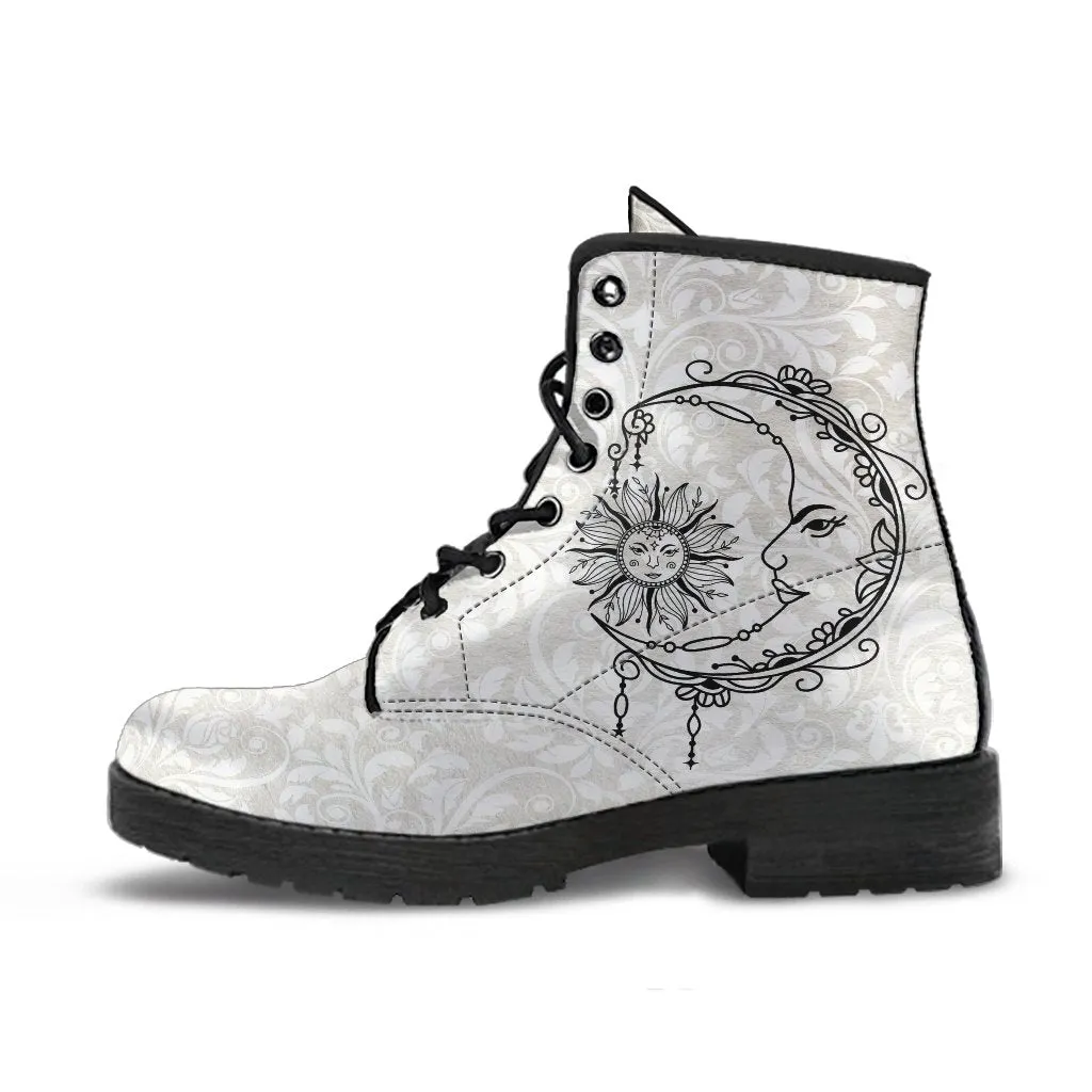 Combat Boots - Sun and Moon Boots #12 | White Boots, Vegan Leather Lace Up Boots, Handmade Lace Up Boots, Women's Boots, Custom Shoes