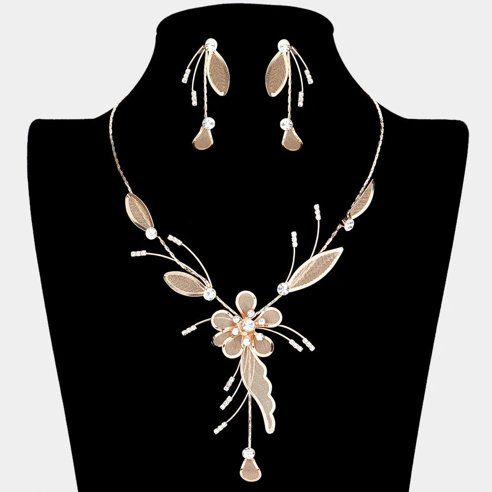 Crystal Rhinestone Flower Statement Y Necklace Earrings Set