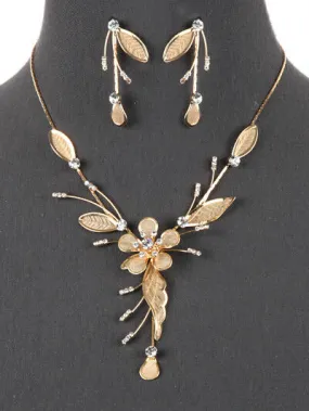 Crystal Rhinestone Flower Statement Y Necklace Earrings Set