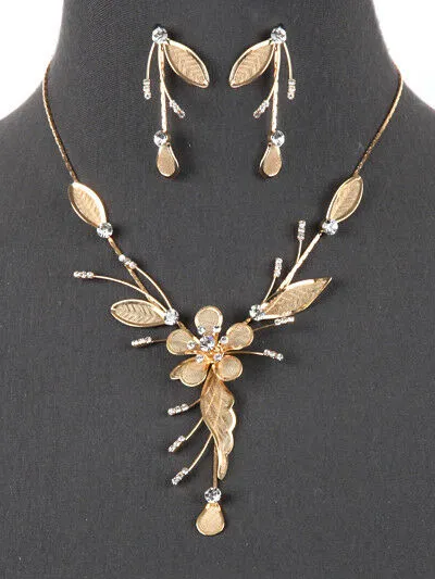 Crystal Rhinestone Flower Statement Y Necklace Earrings Set