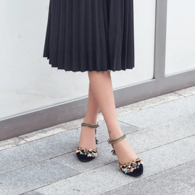 Cute Suede Rhinestone Chunky Heel High Heels