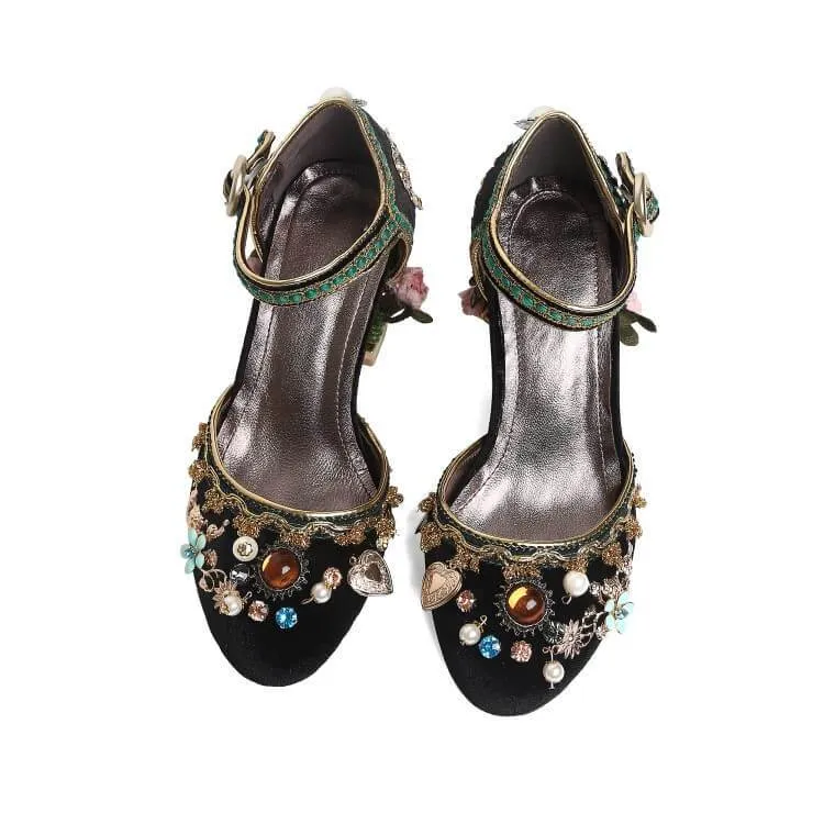 Cute Suede Rhinestone Chunky Heel High Heels