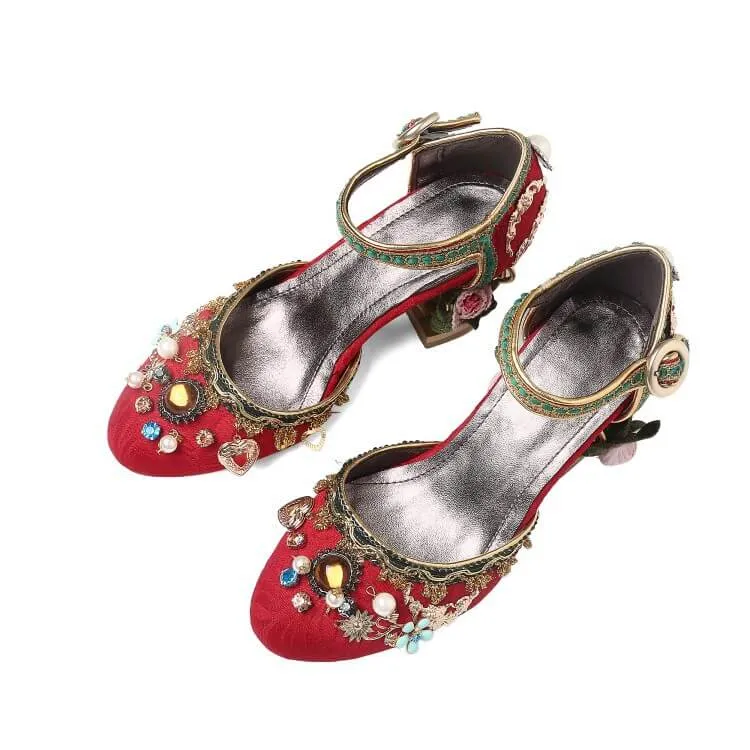 Cute Suede Rhinestone Chunky Heel High Heels