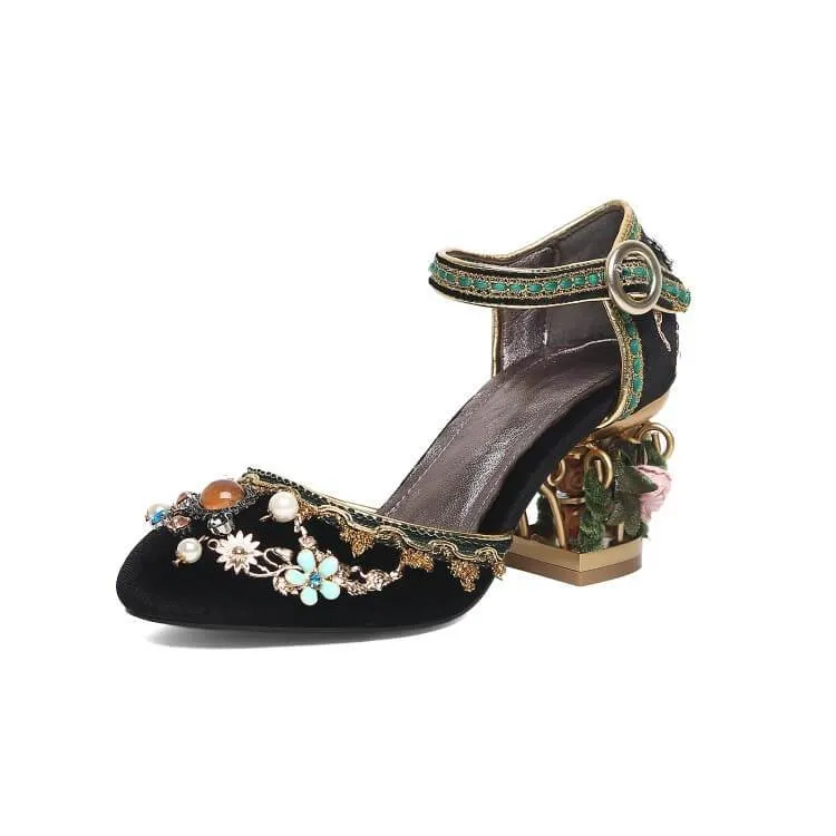 Cute Suede Rhinestone Chunky Heel High Heels