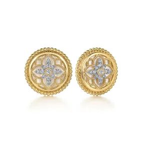 Diamond and Mother of Pearl Disc Earrings in 14K Yellow Gold