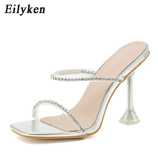EILYKEN Transparent Crystal Rhinestone Silver Slide High Heel Shoes