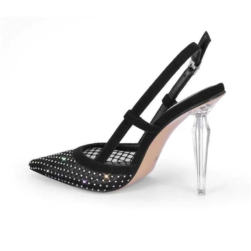 Fish Net Demand Decor Lace-Up Metal High Heels Sandals