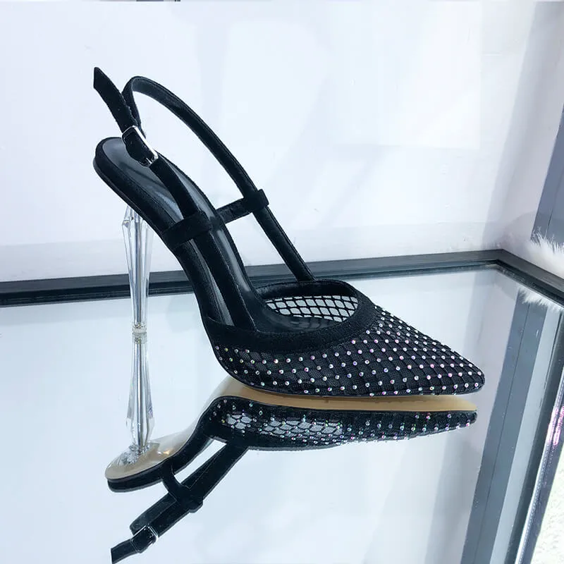 Fish Net Demand Decor Lace-Up Metal High Heels Sandals