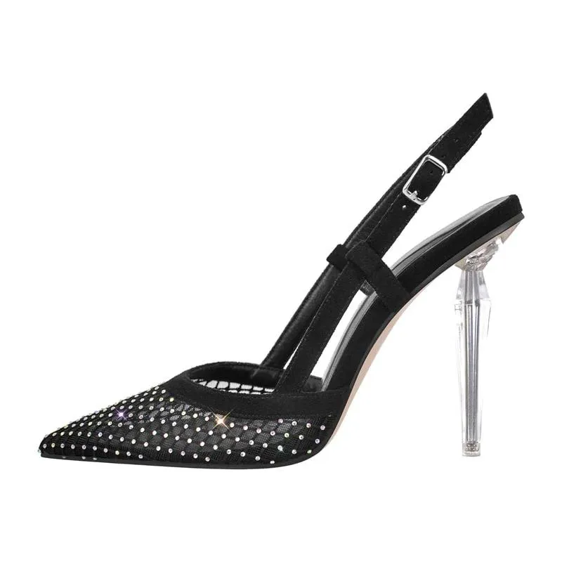 Fish Net Demand Decor Lace-Up Metal High Heels Sandals