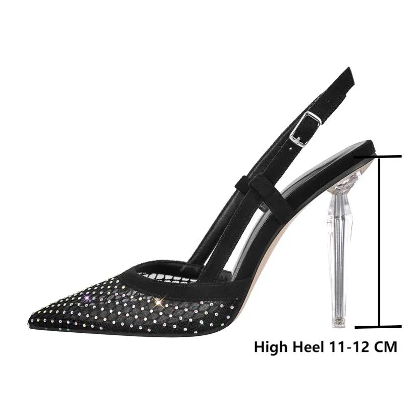 Fish Net Demand Decor Lace-Up Metal High Heels Sandals