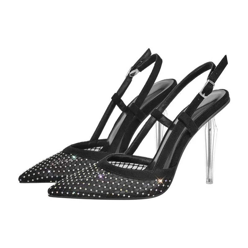 Fish Net Demand Decor Lace-Up Metal High Heels Sandals