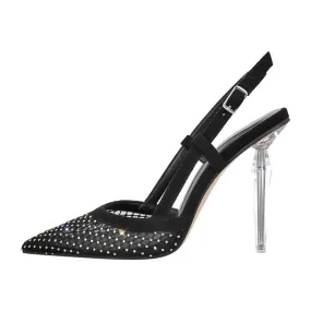 Fish Net Demand Decor Lace-Up Metal High Heels Sandals