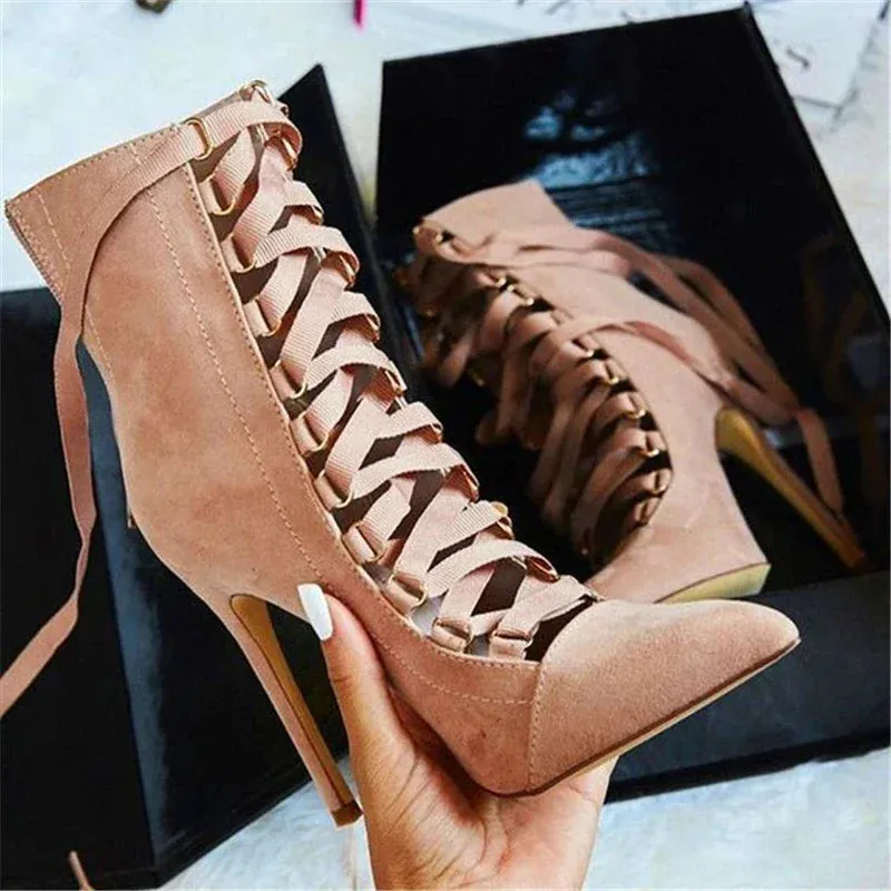 Flock Lace Up High Heels Pointed Toe Boots