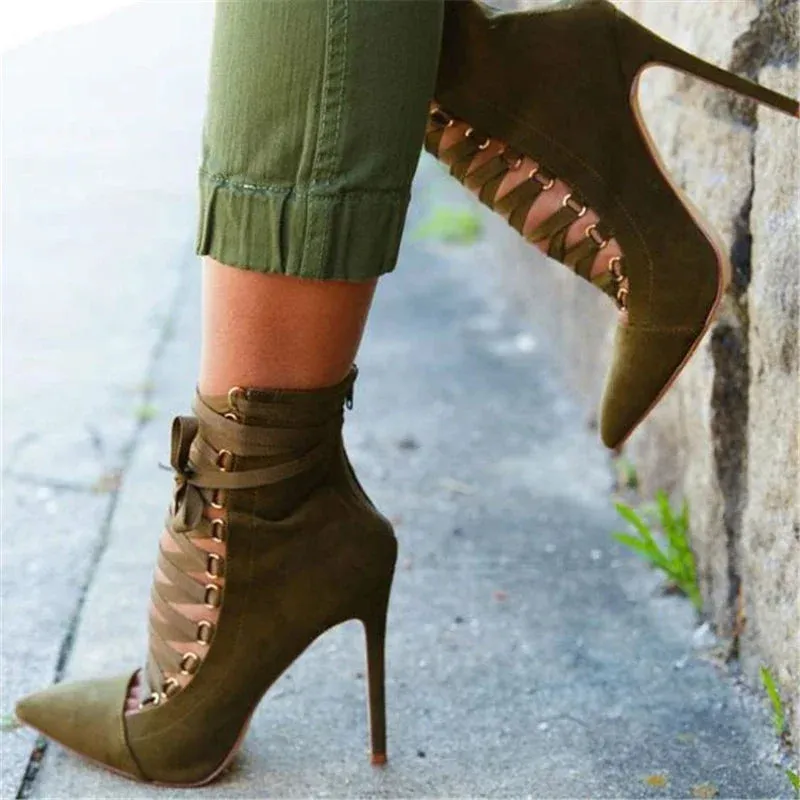 Flock Lace Up High Heels Pointed Toe Boots