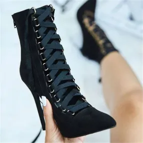Flock Lace Up High Heels Pointed Toe Boots