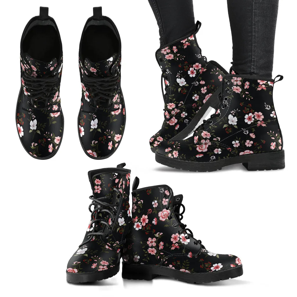 Floral Handcrafted Women's Vegan Leather Combat Boots