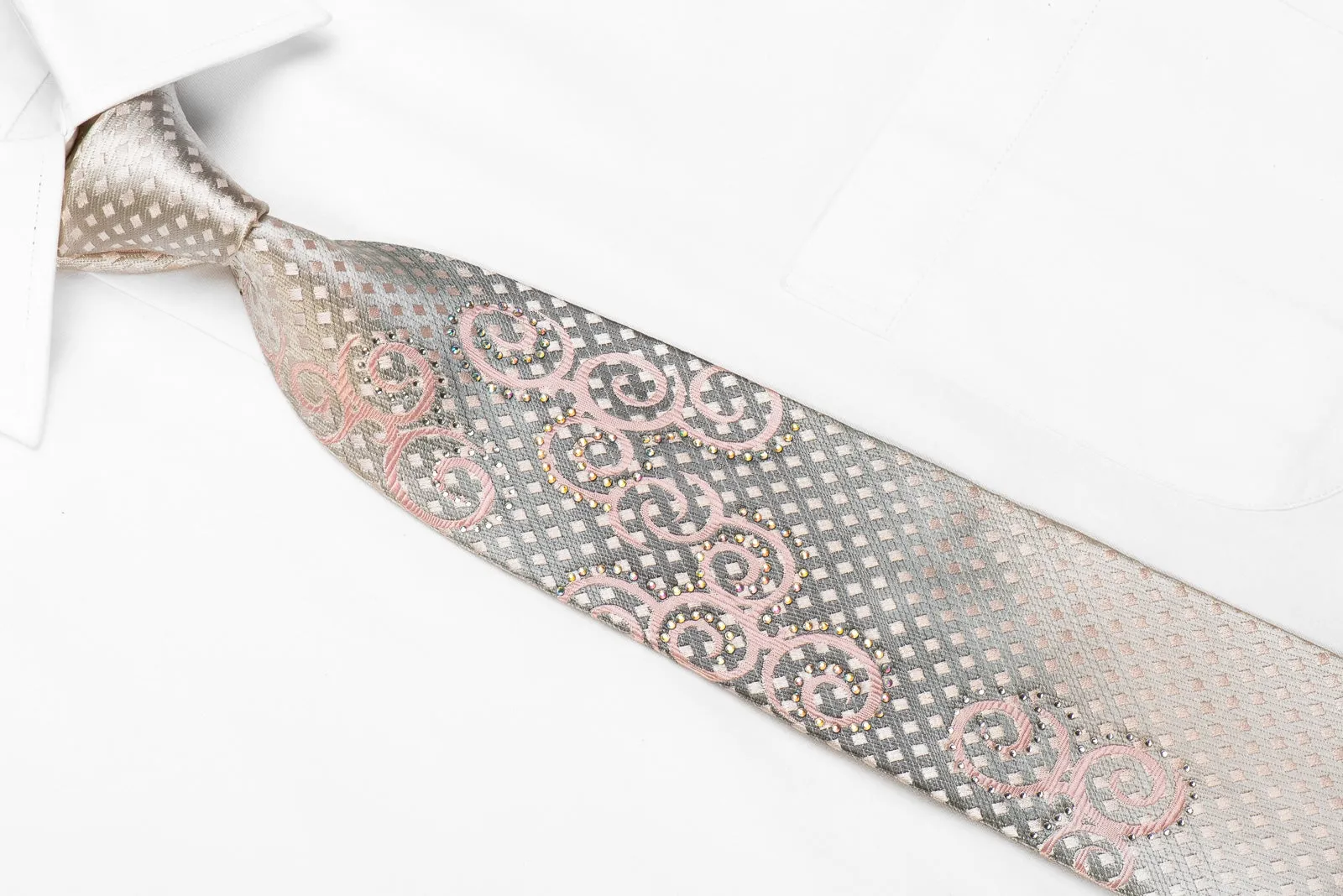 Indian Homme Men's Crystal Rhinestone Silk Necktie Pink Scrolls On Silver