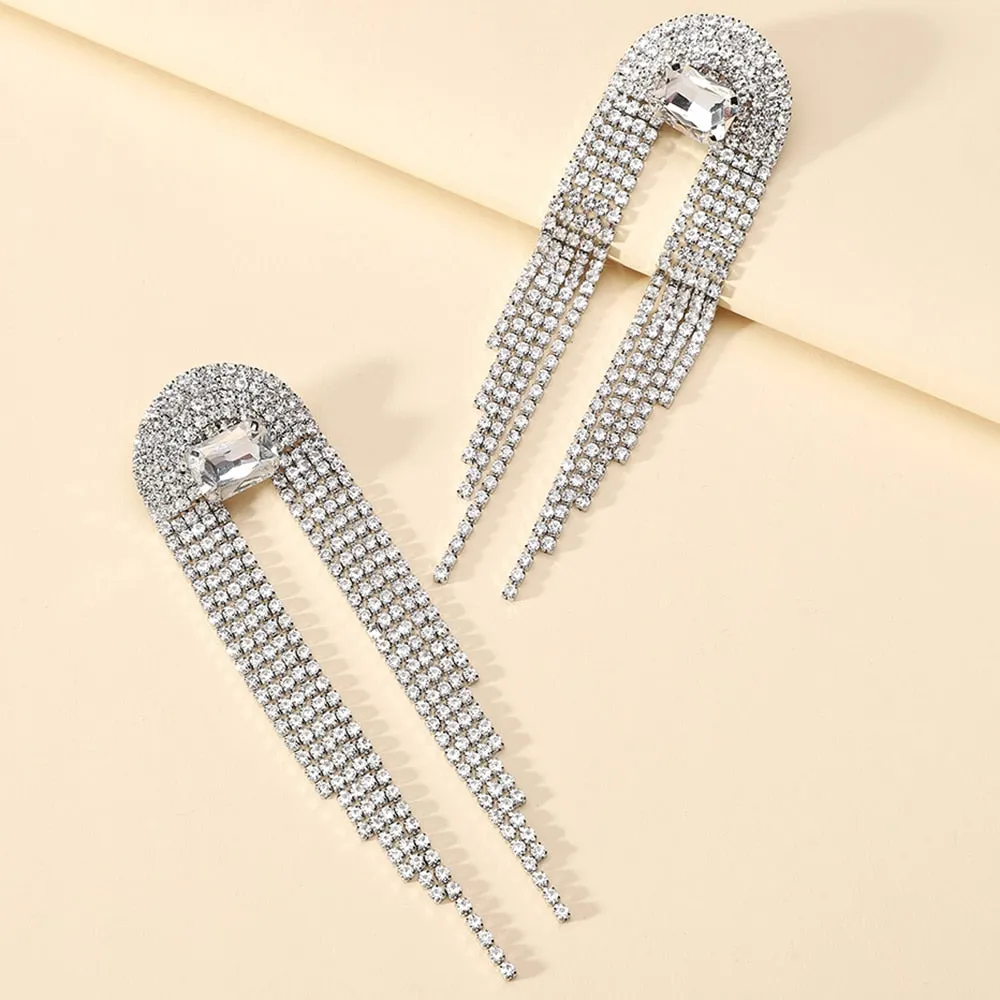 Luxury Jewelry Shiny Rhinestone Fairy Tassel Formal Unusual Hanging Earrings For Women