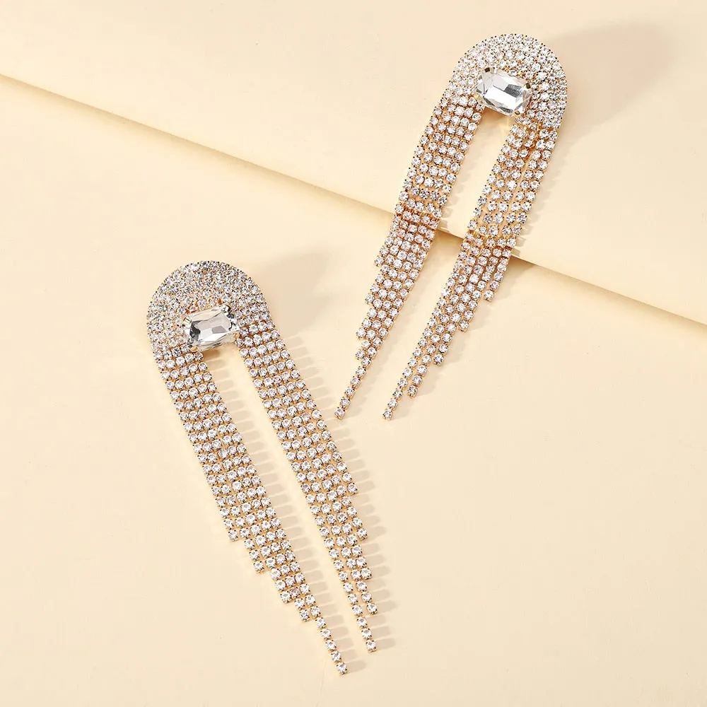 Luxury Jewelry Shiny Rhinestone Fairy Tassel Formal Unusual Hanging Earrings For Women