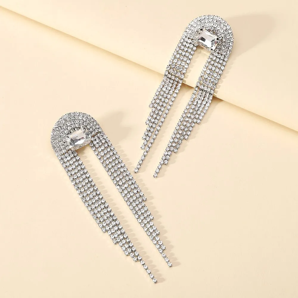 Luxury Jewelry Shiny Rhinestone Fairy Tassel Formal Unusual Hanging Earrings For Women