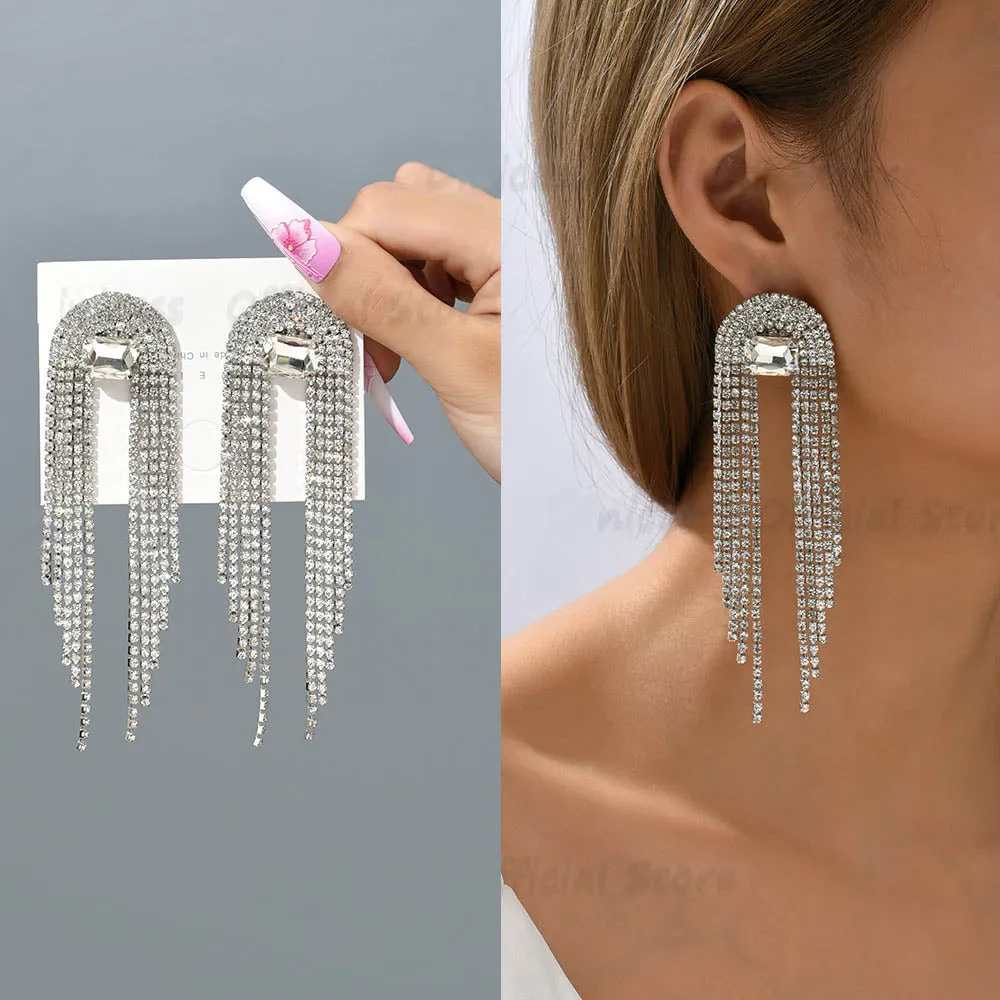 Luxury Jewelry Shiny Rhinestone Fairy Tassel Formal Unusual Hanging Earrings For Women