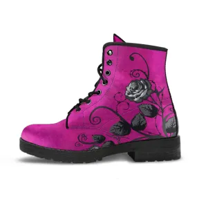 Pink Combat Boots - Gray Roses in Grunge Pink | 2000s Boots, Aesthetic Shoes, Cute Kawaii Pink Flat Boots, Wedding Shoes, Bride Boho Shoes
