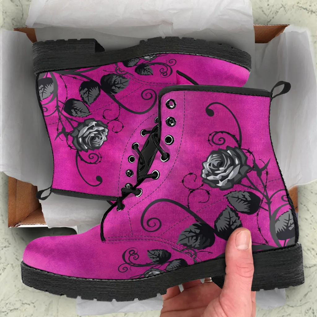 Pink Combat Boots - Gray Roses in Grunge Pink | 2000s Boots, Aesthetic Shoes, Cute Kawaii Pink Flat Boots, Wedding Shoes, Bride Boho Shoes