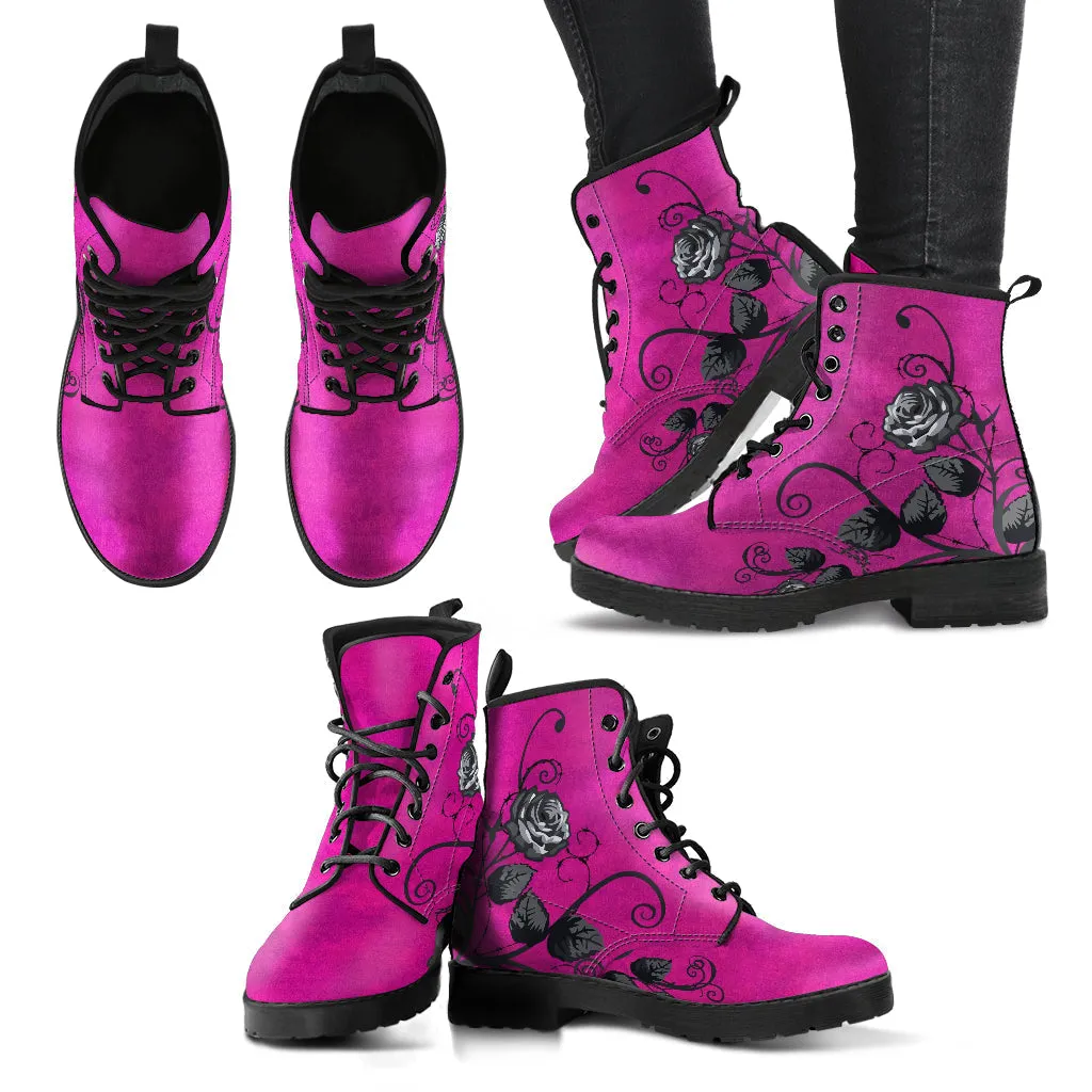 Pink Combat Boots - Gray Roses in Grunge Pink | 2000s Boots, Aesthetic Shoes, Cute Kawaii Pink Flat Boots, Wedding Shoes, Bride Boho Shoes