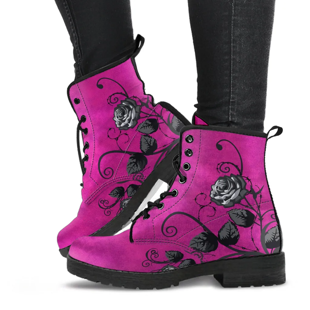 Pink Combat Boots - Gray Roses in Grunge Pink | 2000s Boots, Aesthetic Shoes, Cute Kawaii Pink Flat Boots, Wedding Shoes, Bride Boho Shoes