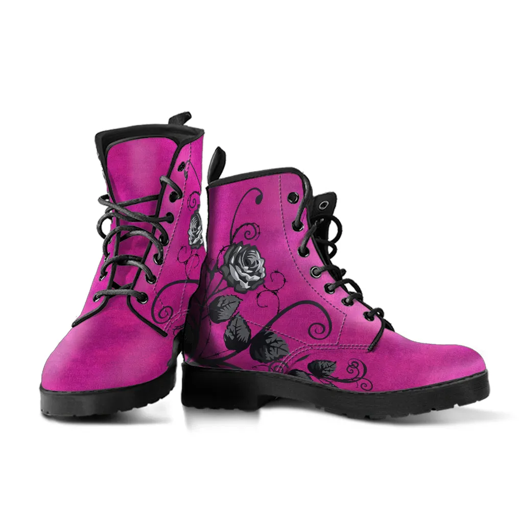 Pink Combat Boots - Gray Roses in Grunge Pink | 2000s Boots, Aesthetic Shoes, Cute Kawaii Pink Flat Boots, Wedding Shoes, Bride Boho Shoes