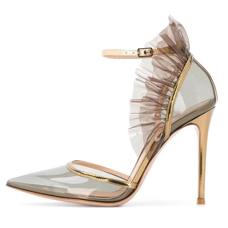 PVC Gray Point Toe Mesh Flapper High Heels
