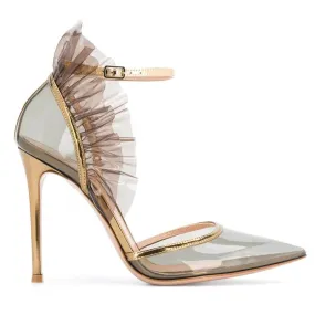 PVC Gray Point Toe Mesh Flapper High Heels