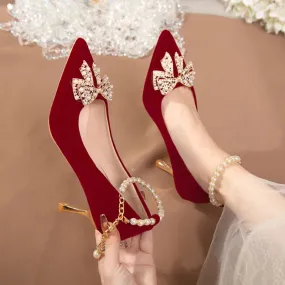 Red Pearl Bowknot String Bead High Heels Pumps