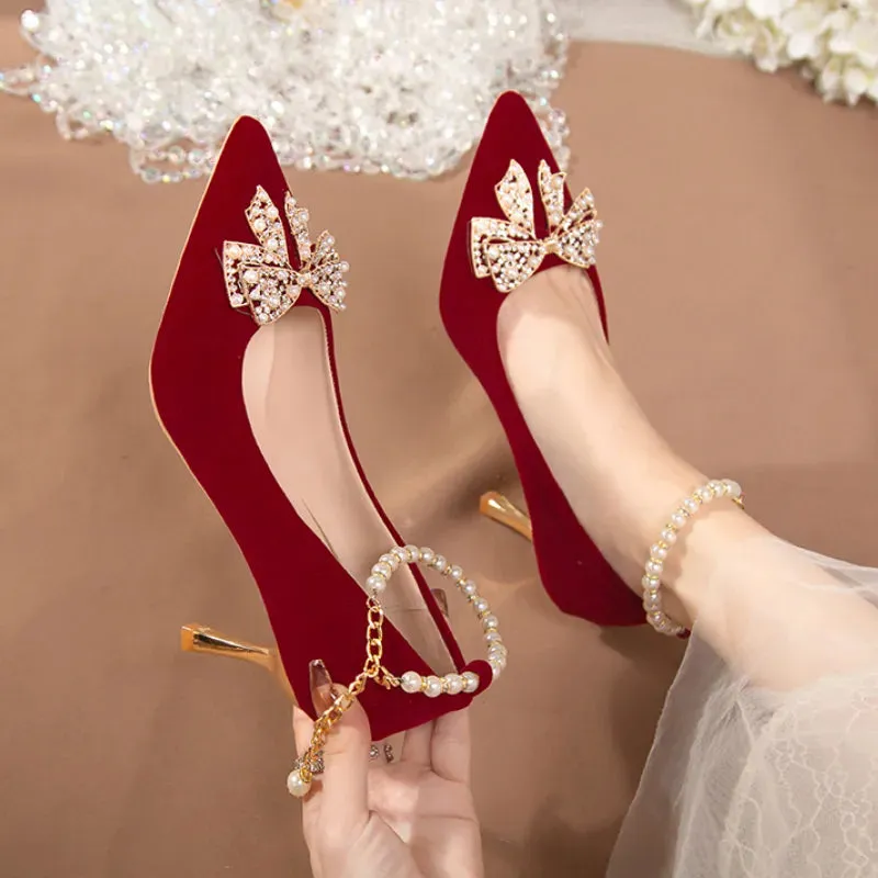 Red Pearl Bowknot String Bead High Heels Pumps