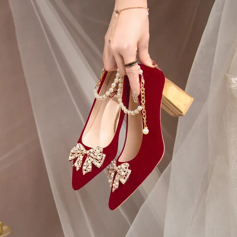 Red Pearl Bowknot String Bead High Heels Pumps