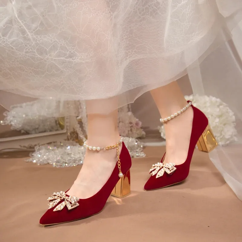 Red Pearl Bowknot String Bead High Heels Pumps
