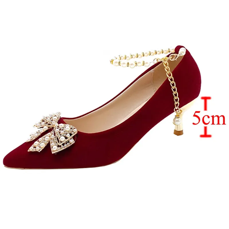 Red Pearl Bowknot String Bead High Heels Pumps