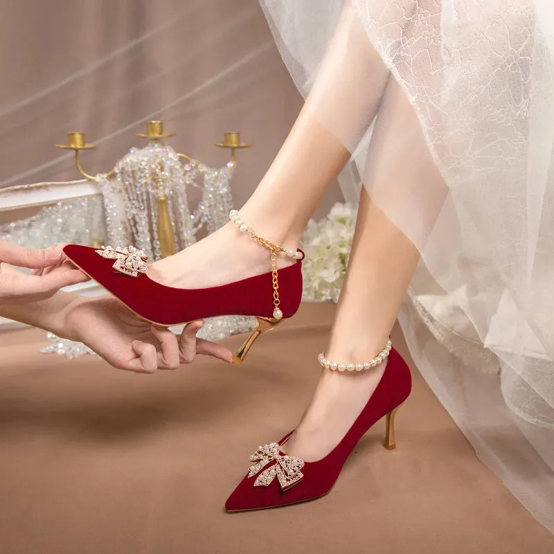 Red Pearl Bowknot String Bead High Heels Pumps
