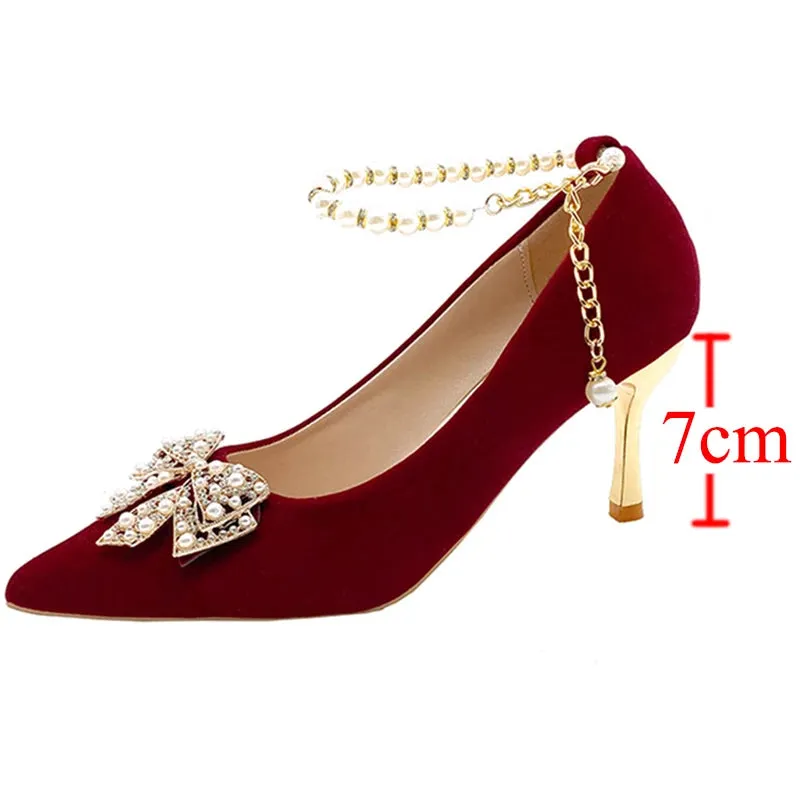 Red Pearl Bowknot String Bead High Heels Pumps
