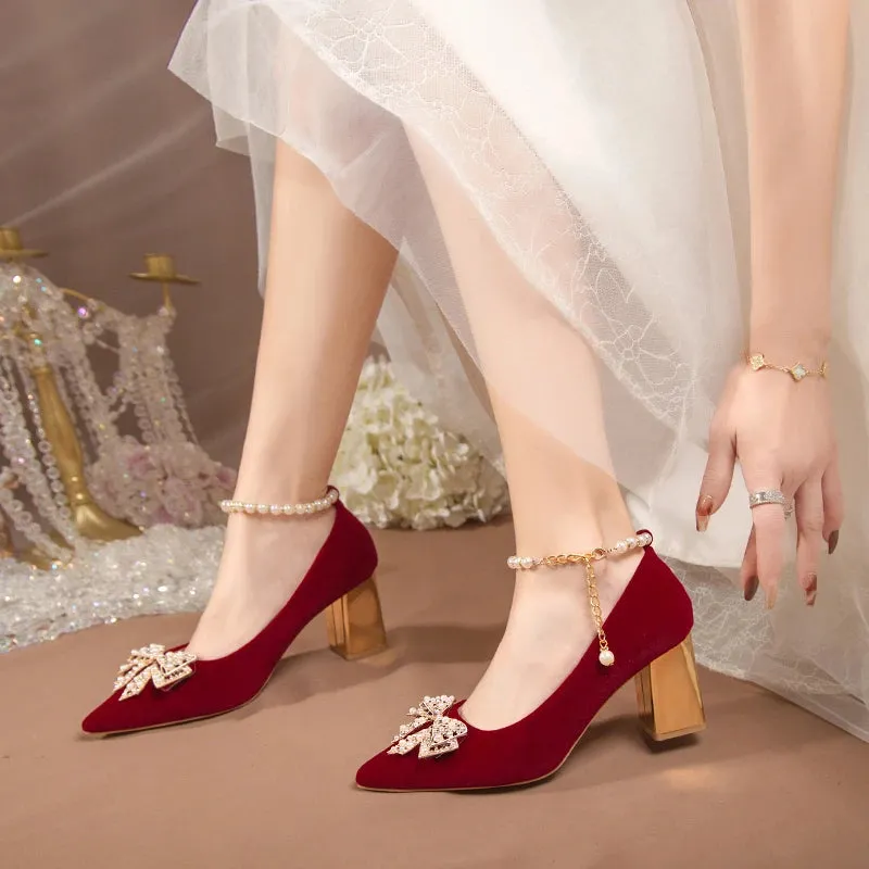 Red Pearl Bowknot String Bead High Heels Pumps