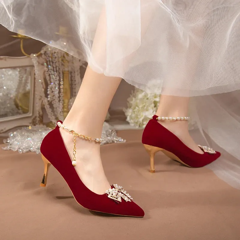 Red Pearl Bowknot String Bead High Heels Pumps