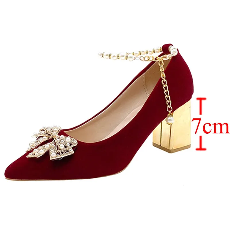 Red Pearl Bowknot String Bead High Heels Pumps